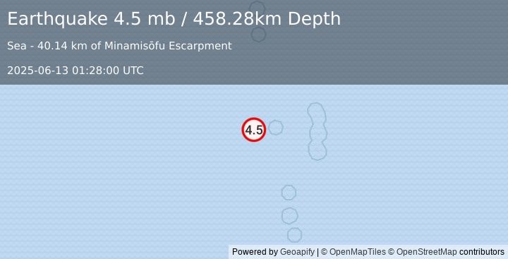 Earthquake Bonin Islands, Japan region (4.5 mb) (2025-06-13 01:28:00 UTC)