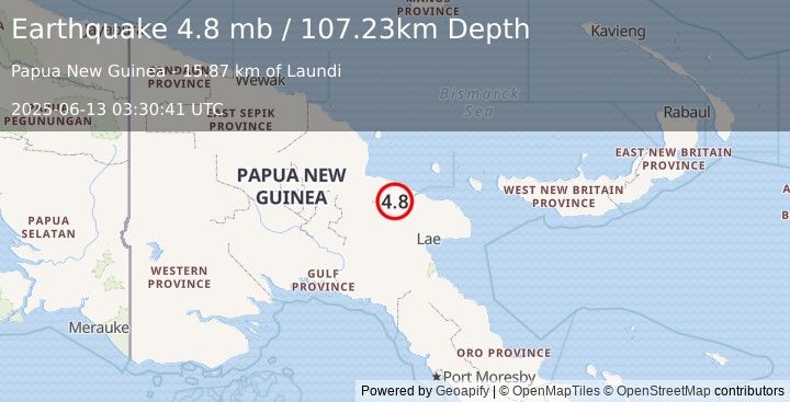 Earthquake 61 km ENE of Kainantu, Papua New Guinea (4.8 mb) (2025-06-13 03:30:41 UTC)