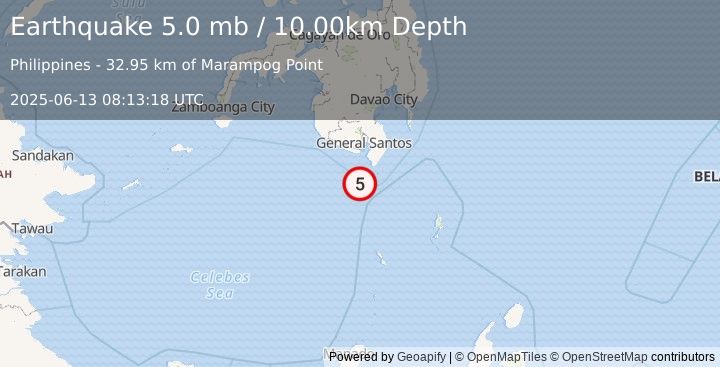 Earthquake 46 km WSW of Sarangani, Philippines (5.0 mb) (2025-06-13 08:13:18 UTC)