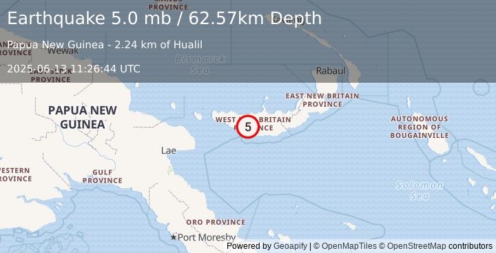 Earthquake 25 km N of Kandrian, Papua New Guinea (5.0 mb) (2025-06-13 11:26:44 UTC)