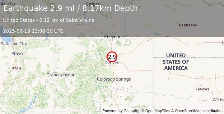 Earthquake 5 km SSW of Dacono, Colorado (2.9 ml) (2025-06-13 12:08:20 UTC)