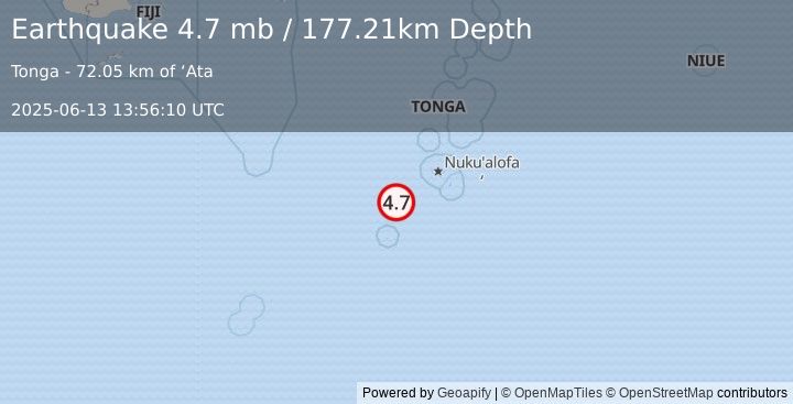 Earthquake 96 km SW of Houma, Tonga (4.7 mb) (2025-06-13 13:56:10 UTC)