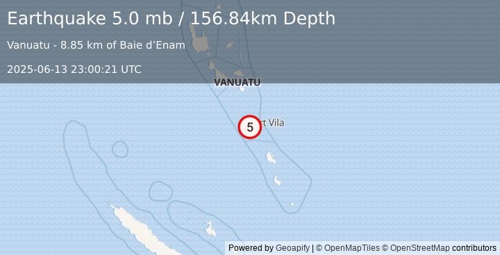 Earthquake 27 km SE of Port-Vila, Vanuatu (5.0 mb) (2025-06-13 23:00:21 UTC)