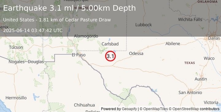 Earthquake 56 km NW of Toyah, Texas (3.1 ml) (2025-06-14 03:47:42 UTC)