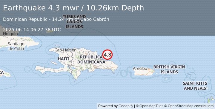 Earthquake 35 km NE of Samaná, Dominican Republic (4.3 mwr) (2025-06-14 06:27:38 UTC)
