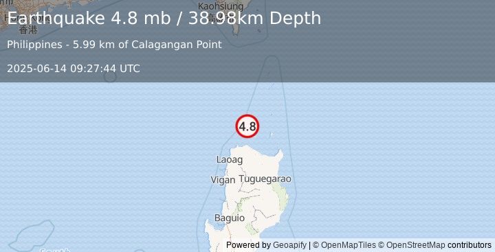 Earthquake 65 km N of Namuac, Philippines (4.8 mb) (2025-06-14 09:27:44 UTC)