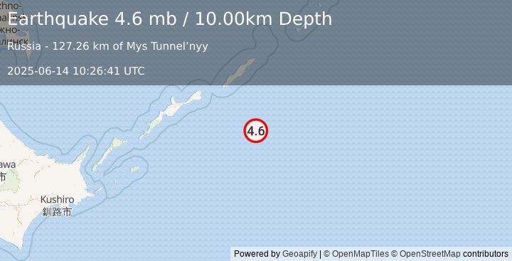 Earthquake 218 km ESE of Kuril’sk, Russia (4.6 mb) (2025-06-14 10:26:41 UTC)