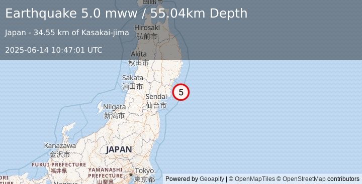 Earthquake 45 km ENE of Onagawa Chō, Japan (5.0 mww) (2025-06-14 10:47:01 UTC)