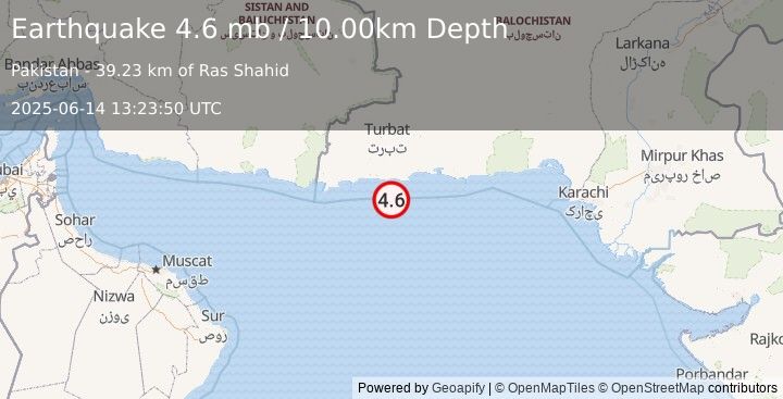 Earthquake 53 km SW of Pasni, Pakistan (4.6 mb) (2025-06-14 13:23:50 UTC)