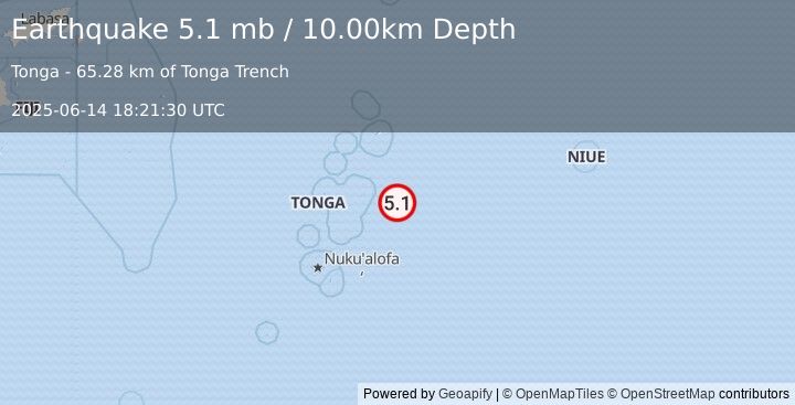 Earthquake 76 km ESE of Fangale’ounga, Tonga (5.1 mb) (2025-06-14 18:21:30 UTC)
