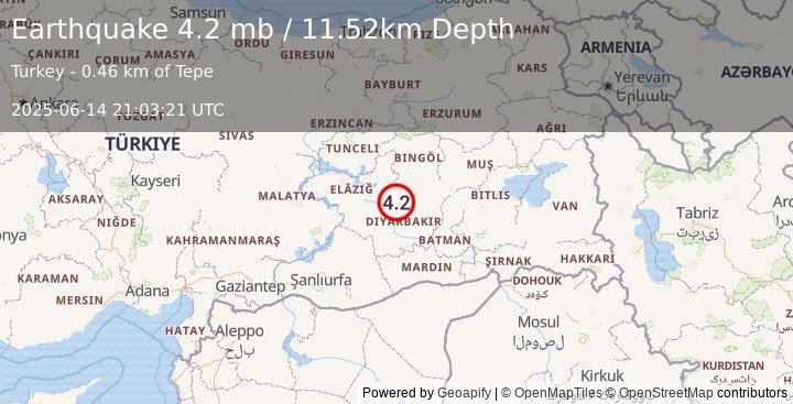 Earthquake 8 km WSW of Hani, Turkey (4.2 mb) (2025-06-14 21:03:21 UTC)