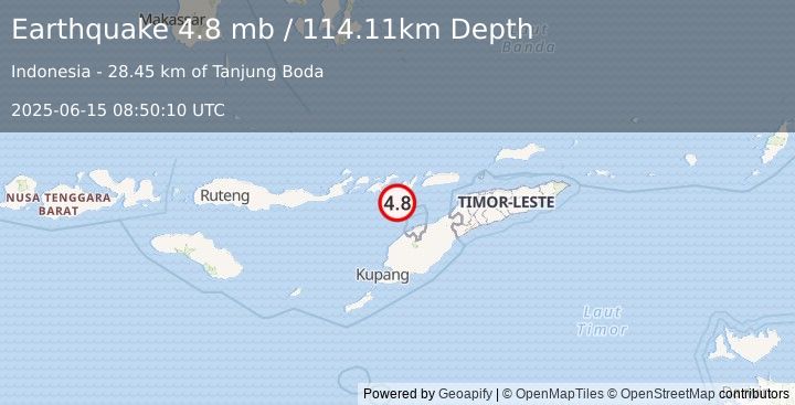 Earthquake 72 km NW of Pante Makasar, Timor Leste (4.8 mb) (2025-06-15 08:50:10 UTC)