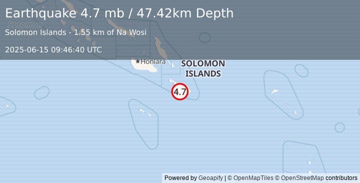 Earthquake 33 km SSW of Kirakira, Solomon Islands (4.7 mb) (2025-06-15 09:46:40 UTC)