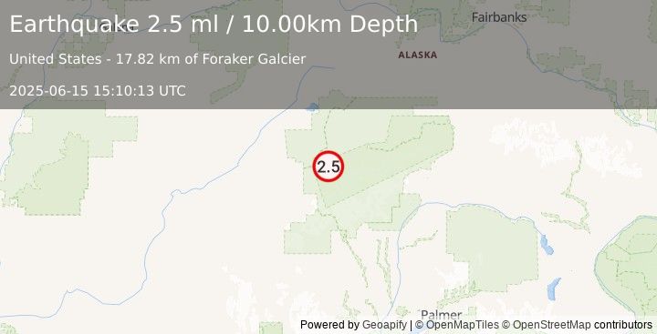 Earthquake 32 km S of Denali National Park, Alaska (2.5 ml) (2025-06-15 15:10:13 UTC)