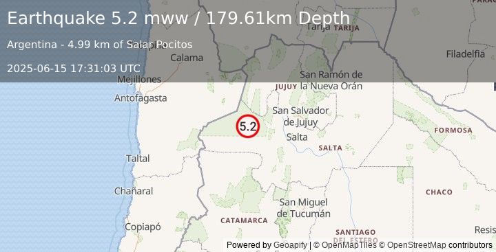 Earthquake 72 km WSW of San Antonio de los Cobres, Argentina (5.2 mww) (2025-06-15 17:31:03 UTC)