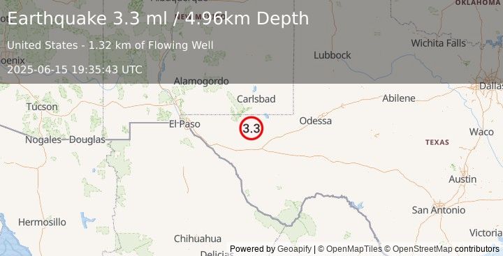 Earthquake 58 km S of Whites City, New Mexico (3.3 ml) (2025-06-15 19:35:43 UTC)