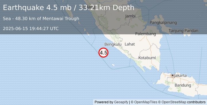 Earthquake 106 km SW of Bengkulu, Indonesia (4.5 mb) (2025-06-15 19:44:27 UTC)