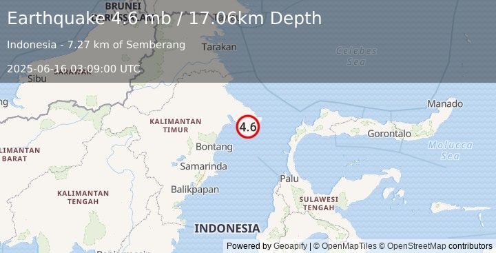 Earthquake 137 km ENE of Bontang, Indonesia (4.6 mb) (2025-06-16 03:09:00 UTC)