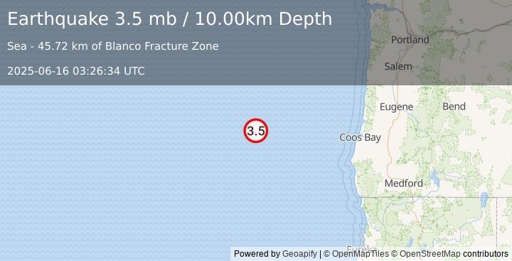 Earthquake 249 km W of Bandon, Oregon (3.5 mb) (2025-06-16 03:26:34 UTC)