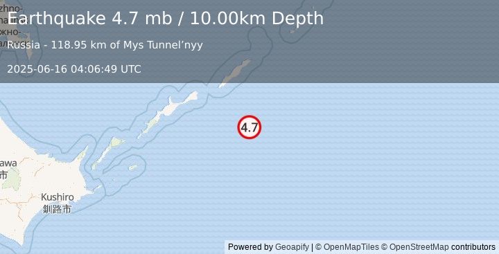 Earthquake 212 km ESE of Kuril’sk, Russia (4.7 mb) (2025-06-16 04:06:49 UTC)