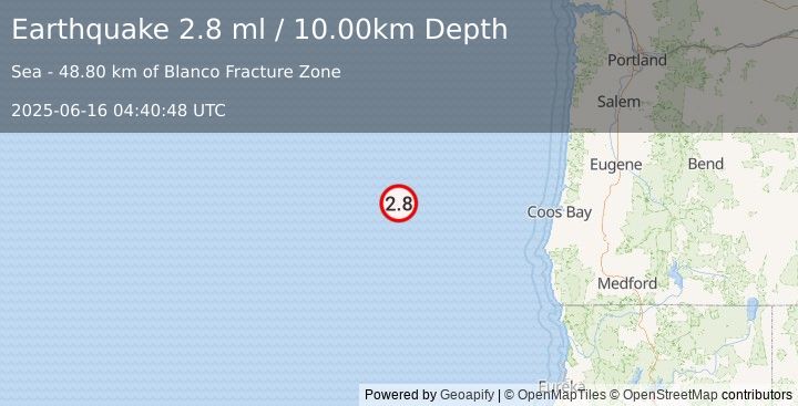 Earthquake 245 km W of Bandon, Oregon (2.8 ml) (2025-06-16 04:40:48 UTC)