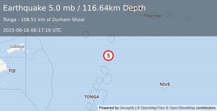 Earthquake 125 km S of Hihifo, Tonga (5.0 mb) (2025-06-16 06:17:16 UTC)