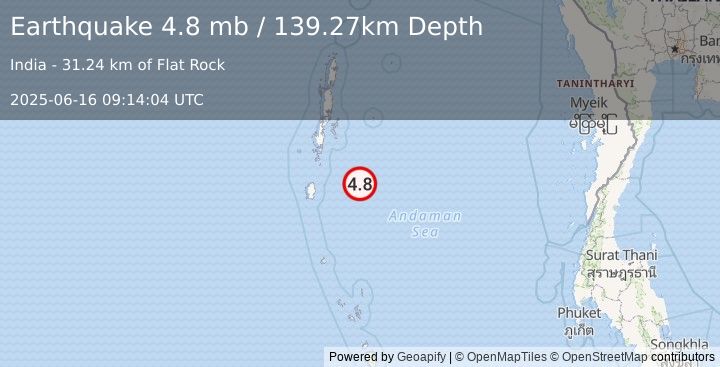 Earthquake 126 km SE of Port Blair, India (4.8 mb) (2025-06-16 09:14:04 UTC)