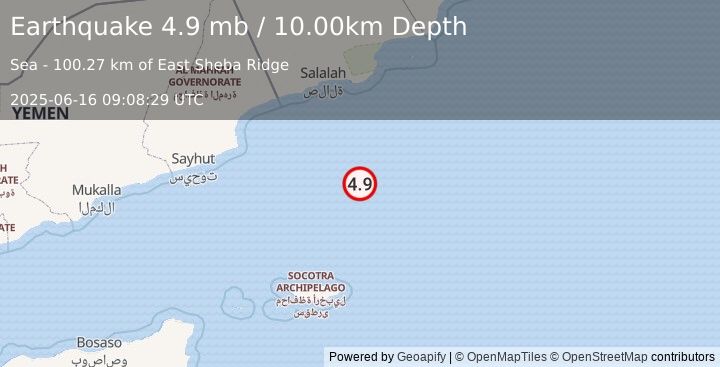 Earthquake 255 km SSE of Şalālah, Oman (4.9 mb) (2025-06-16 09:08:29 UTC)
