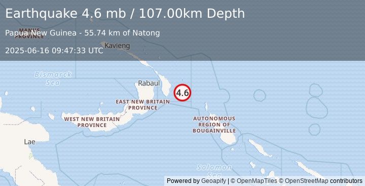 Earthquake 154 km ESE of Kokopo, Papua New Guinea (4.6 mb) (2025-06-16 09:47:33 UTC)