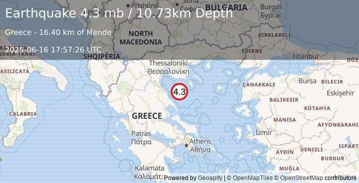 Earthquake 24 km SW of Pefkochóri, Greece (4.3 mb) (2025-06-16 17:57:26 UTC)