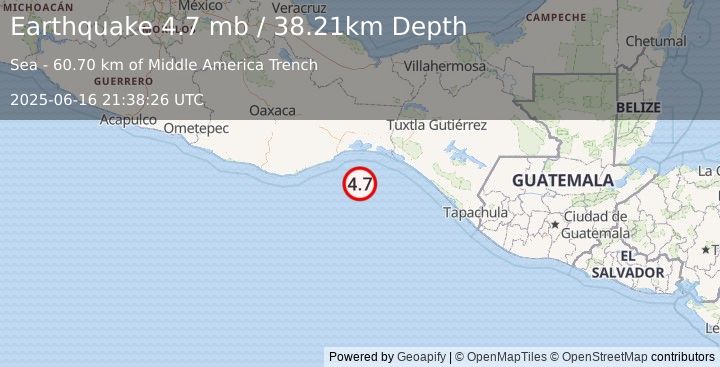 Earthquake 79 km SSE of San Mateo del Mar, Mexico (4.7 mb) (2025-06-16 21:38:26 UTC)