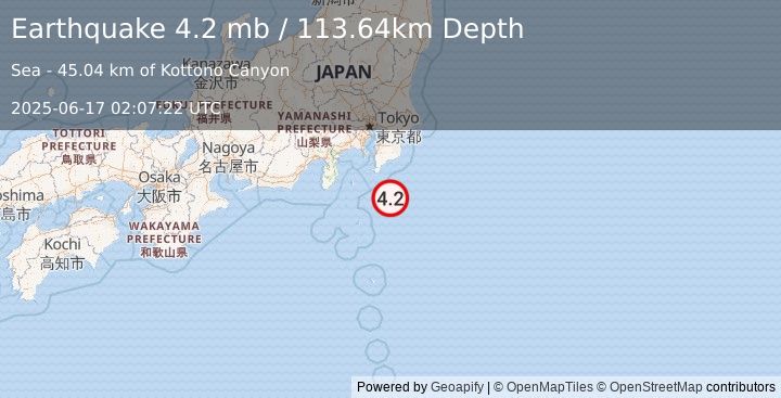 Earthquake 63 km SSE of Tateyama, Japan (4.2 mb) (2025-06-17 02:07:22 UTC)