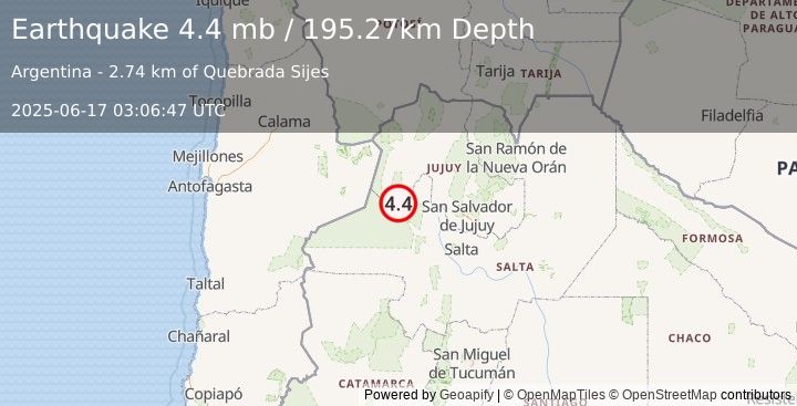 Earthquake 45 km NW of San Antonio de los Cobres, Argentina (4.4 mb) (2025-06-17 03:06:47 UTC)