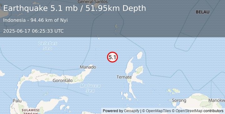 Earthquake 168 km WNW of Tobelo, Indonesia (5.1 mb) (2025-06-17 06:25:33 UTC)