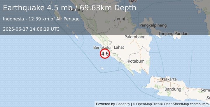 Earthquake 56 km SSE of Bengkulu, Indonesia (4.5 mb) (2025-06-17 14:06:19 UTC)