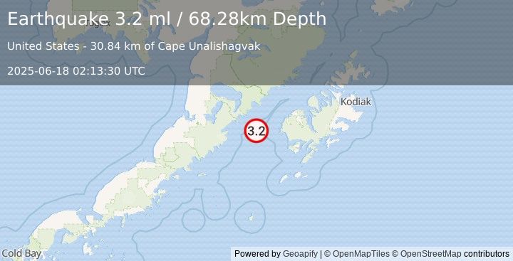Earthquake 67 km WSW of Karluk, Alaska (3.2 ml) (2025-06-18 02:13:30 UTC)