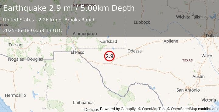 Earthquake 43 km WNW of Toyah, Texas (2.9 ml) (2025-06-18 03:58:13 UTC)