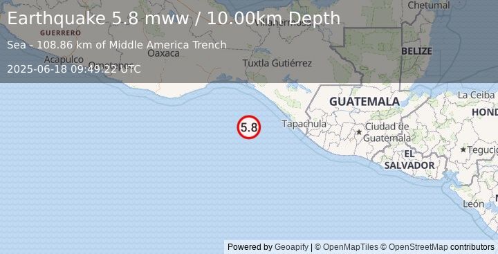 Earthquake 115 km SW of El Palmarcito, Mexico (5.8 mww) (2025-06-18 09:49:22 UTC)