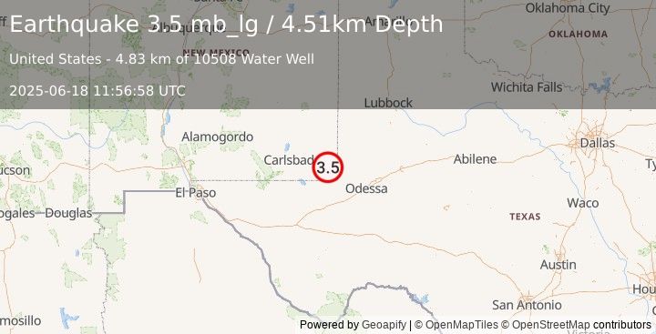 Earthquake 20 km NNW of Jal, New Mexico (3.5 mb_lg) (2025-06-18 11:56:58 UTC)