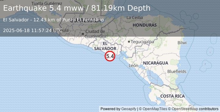 Earthquake 21 km S of Puerto El Triunfo, El Salvador (5.4 mww) (2025-06-18 11:57:24 UTC)