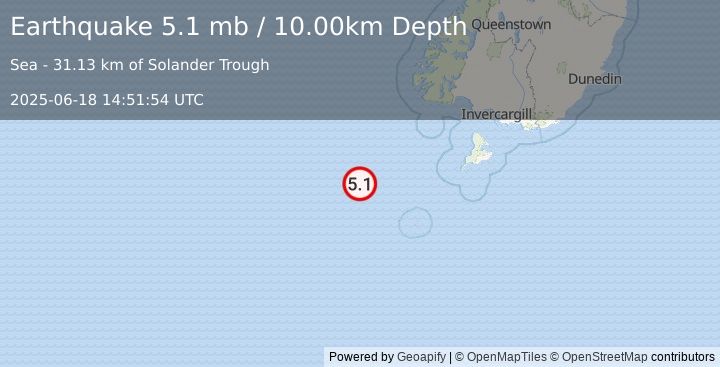 Earthquake 238 km WSW of Riverton, New Zealand (5.1 mb) (2025-06-18 14:51:54 UTC)