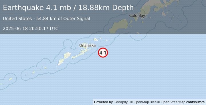 Earthquake 71 km SSE of Akutan, Alaska (4.1 mb) (2025-06-18 20:50:17 UTC)