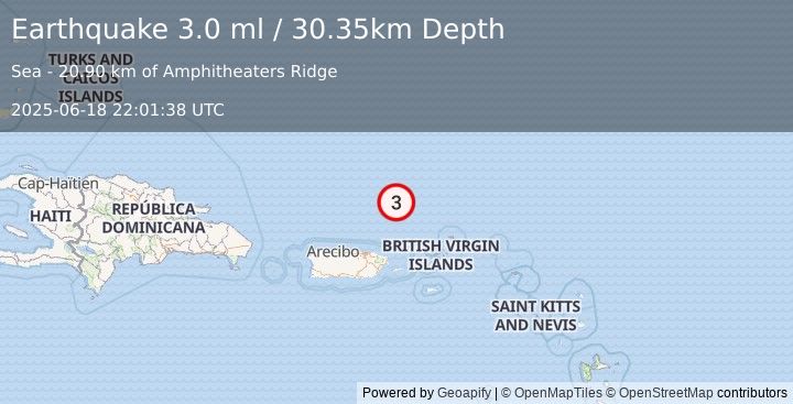 Earthquake 115 km NNE of Vieques, Puerto Rico (3.0 ml) (2025-06-18 22:01:38 UTC)