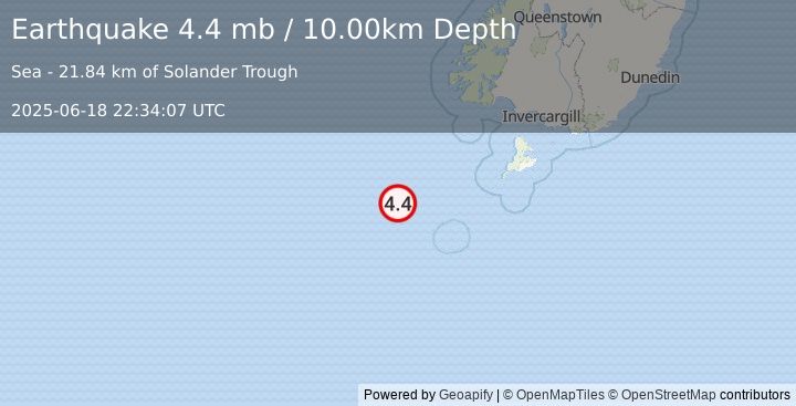 Earthquake 236 km SW of Riverton, New Zealand (4.4 mb) (2025-06-18 22:34:07 UTC)