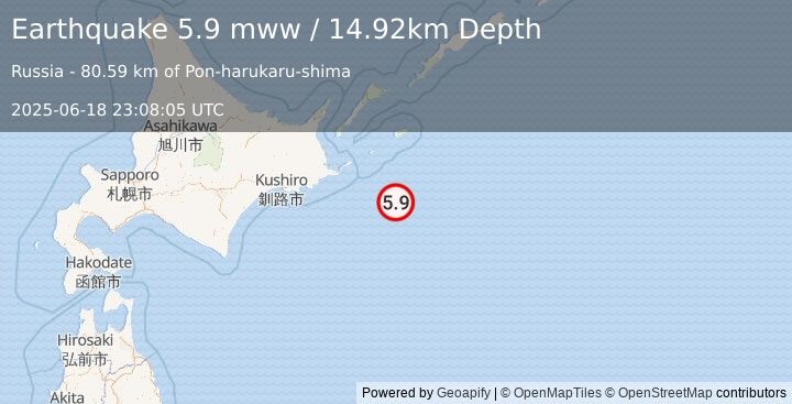 Earthquake 107 km SE of Nemuro, Japan (5.9 mww) (2025-06-18 23:08:05 UTC)