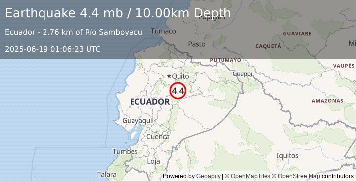Earthquake 34 km W of Archidona, Ecuador (4.4 mb) (2025-06-19 01:06:23 UTC)