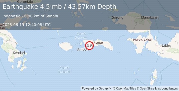 Earthquake 17 km W of Amahai, Indonesia (4.5 mb) (2025-06-19 12:40:08 UTC)