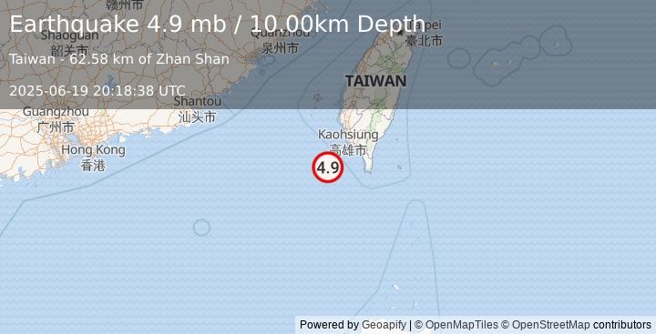 Earthquake 79 km SW of Donggang, Taiwan (4.9 mb) (2025-06-19 20:18:38 UTC)