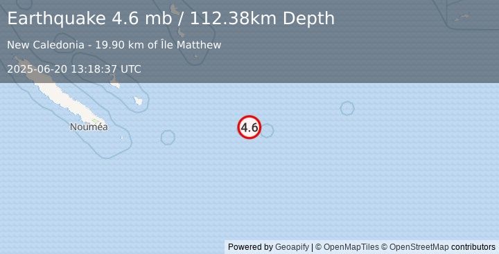 Earthquake southeast of the Loyalty Islands (4.6 mb) (2025-06-20 13:18:37 UTC)