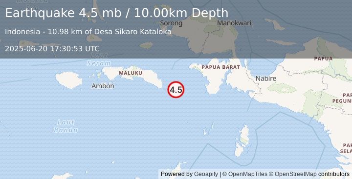 Earthquake 139 km SW of Fakfak, Indonesia (4.5 mb) (2025-06-20 17:30:53 UTC)